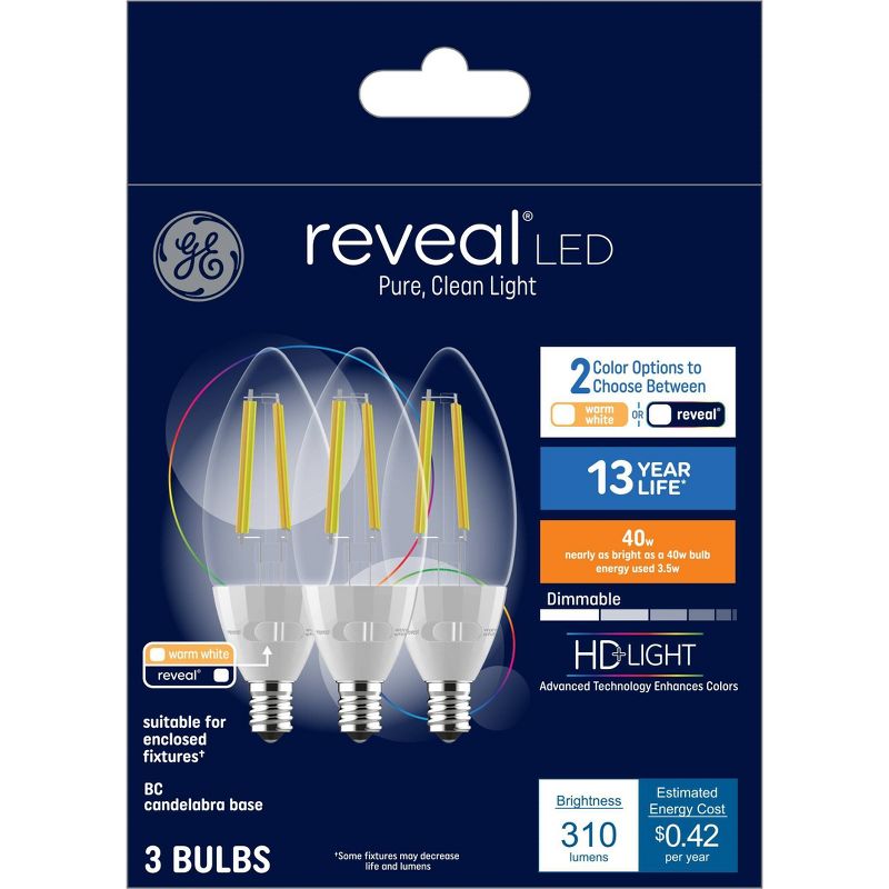 GE 3pk 3.5 Watts Color Select Warm White or Reveal Candelabra Base Reveal LED Decorative Light Bulbs, 5 of 7