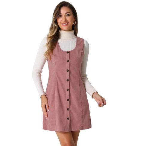 Allegra K Women s Corduroy Button Down Scoop Neck Pockets Casual Pinafore Overall Dress Pink Small