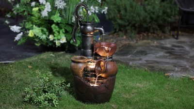 Rustic Brown Poly-Resin Farmhouse Pump and Pots Fountain with LED Lights