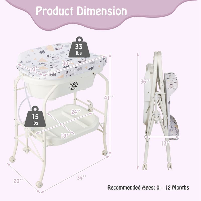 Babyjoy Baby Changing Table with Bathtub, Folding & Portable Diaper Station with Wheels Blue/Pink/White, 3 of 11