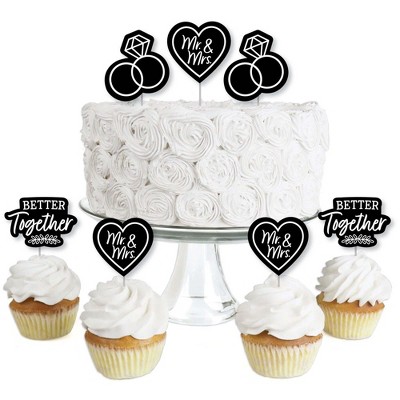 Big Dot of Happiness Mr. and Mrs. - Dessert Cupcake Toppers - Black and White Wedding or Bridal Shower Clear Treat Picks - Set of 24