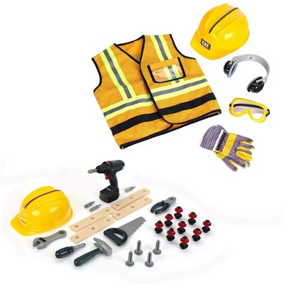 Theo Klein Bosch Kids Childrens DIY Premium Toy Toolset Bundle with Caterpillar Construction Worker Costume Vest Set for Ages 3 and Up