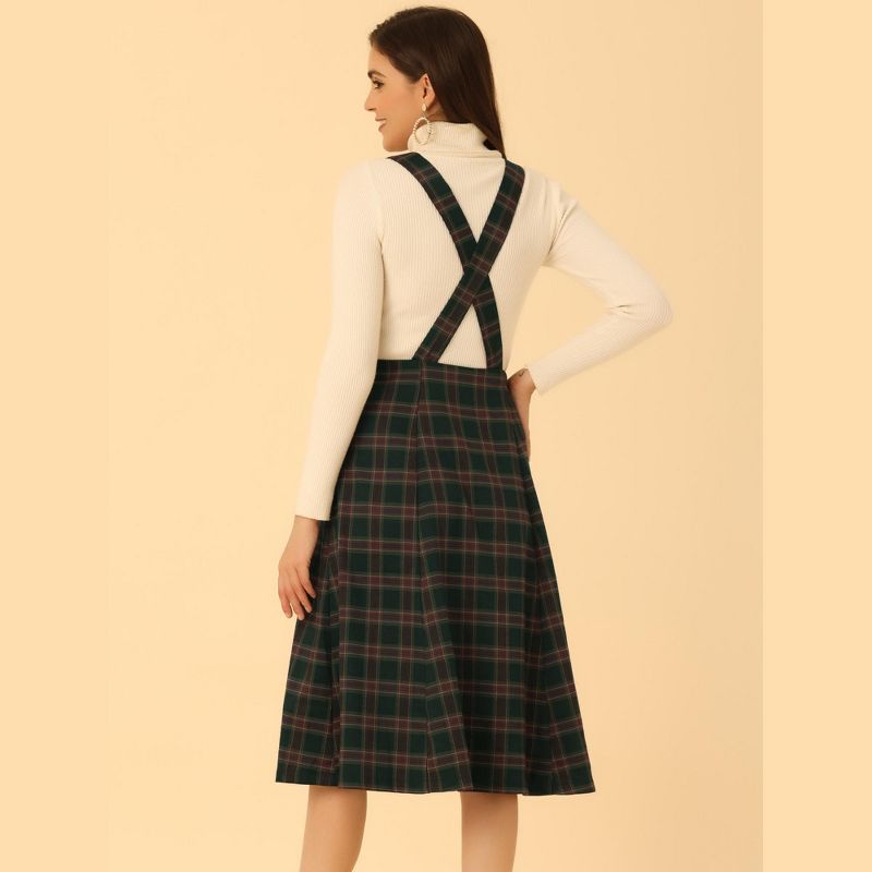 Allegra K Women's Vintage Plaid A-Line Tartan Suspender Midi Skirt, 4 of 5