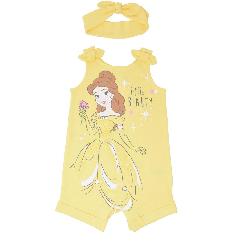 Disney Princess Rapunzel Ariel Belle Jasmine Aurora Baby Girls Snap Romper and Headband Newborn to Toddler, 1 of 6