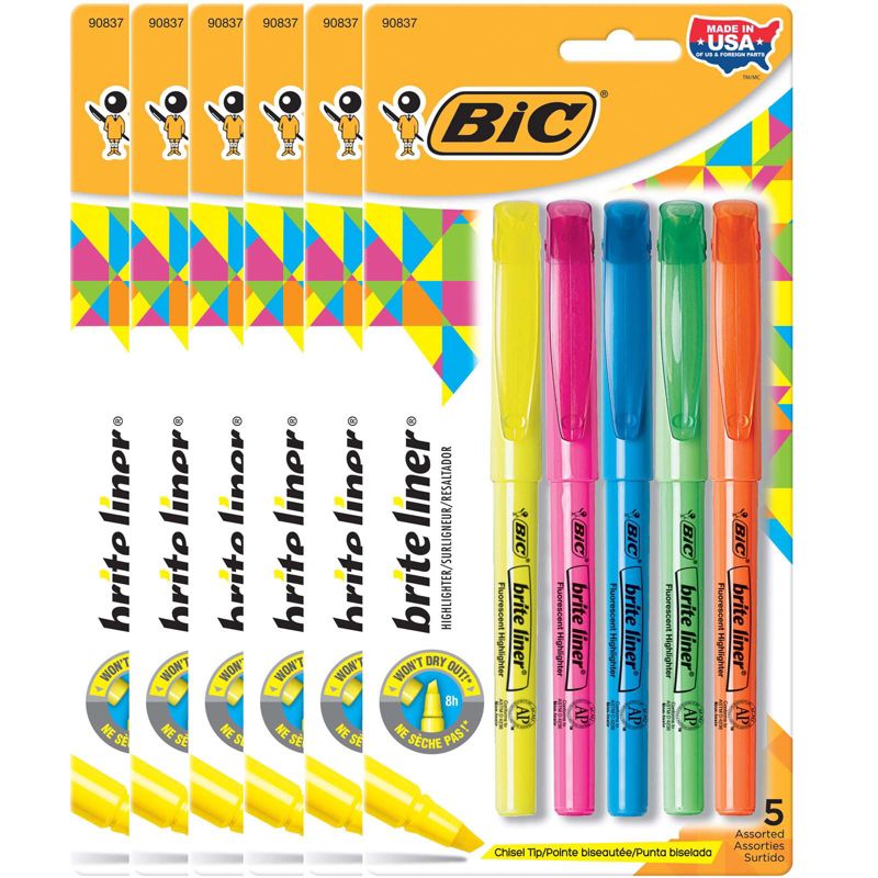 BIC® Brite Liner® Highlighters, Chisel Tip, Assorted Colors, 5 Per Pack, 6 Packs, 1 of 5