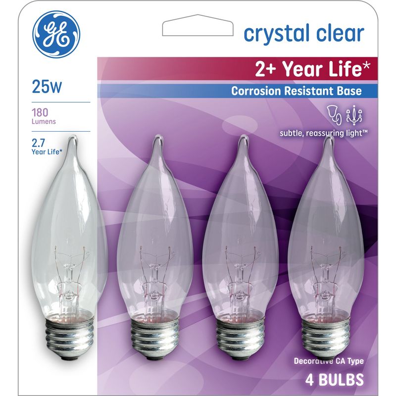 GE 25w 4pk Long Life Incandescent Chandelier Light Bulb White, 1 of 6