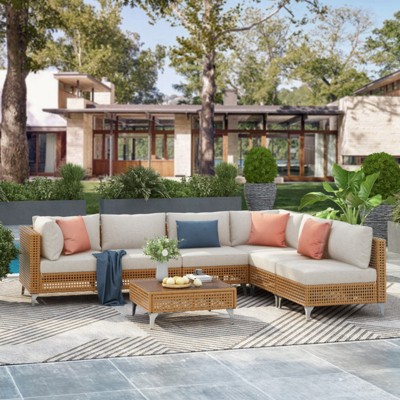GlasFlength Patio Seating Sets 6PCS, Cushions, Outdoor Furniture, Deep Seat, Sectional Chat Set with Cushions,Beige, 109.1"*54.5"*25.4"