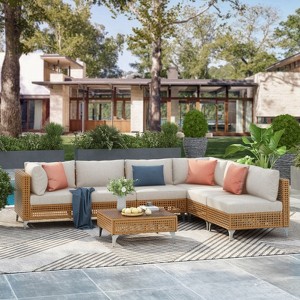 GlasFlength Patio Seating Sets 6PCS, Cushions, Outdoor Furniture, Deep Seat, Sectional Chat Set with Cushions,White, 109.1"*54.5"*25.5" - 1 of 4