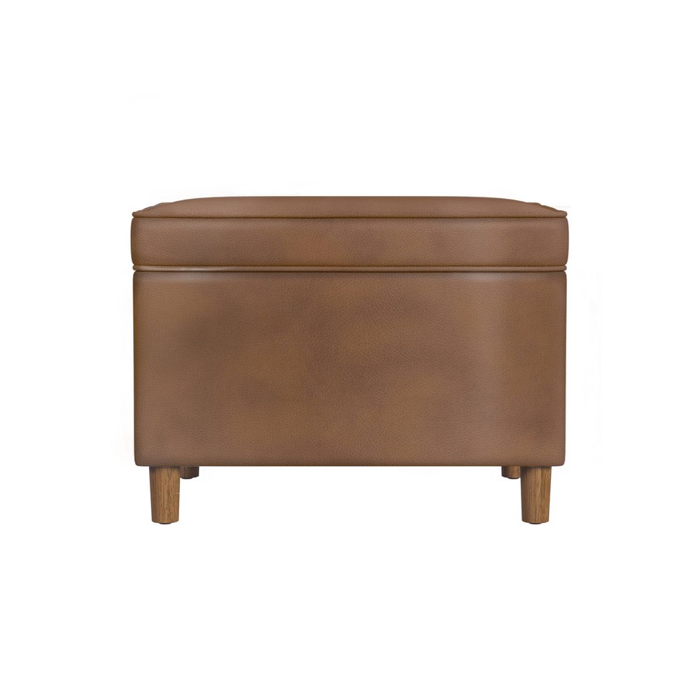24&#34; Dinah Storage Ottoman Brown Faux Leather - HomePop: Honey Oak Legs, Soft-Close Hinge, Footstool