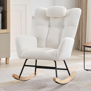 High Backrest Rocking Chair - 300lb Glider Chair with Wood Legs, Side Pockets, Teddy Upholstered Rocker, Padded Seat, for Living Room Bedroom Nursery - 1 of 4