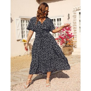 Women Plus Size Maxi Dress V Neck Summer Dress Short Sleeve Long Dress High Waist Ruffle Casual Dress with Belt - 1 of 4