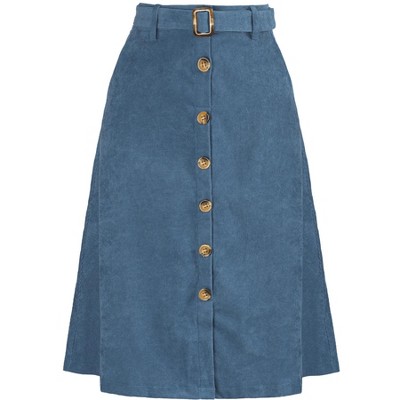 Allegra K Women's High Waist Solid Button Front A-Line Belted Corduroy Midi Skirt
