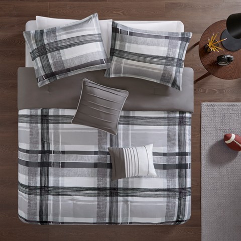 Intelligent Design 5pc Full/Queen Slate Plaid Comforter Set Black: Hypoallergenic Midweight Bedding, Modern Microfiber, Includes Decorative Pillows