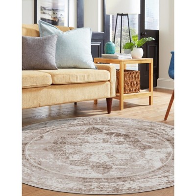 Beige and Brown Round Synthetic Easy Care Rug