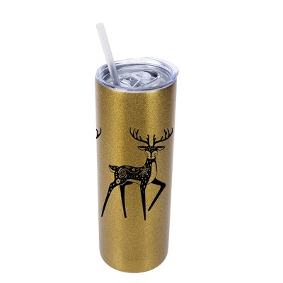 Elanze Designs Whimsical Forest Deer 20 Ounce Double-Walled Stainless Steel Insulated Slim Travel Tumbler with Lid and Straw, Vegas Gold
