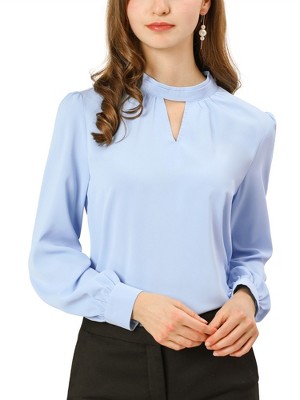 INSPIRE CHIC Women's Office Keyhole Elegant Stand Collar Long Sleeve Back Neck Button Blouse