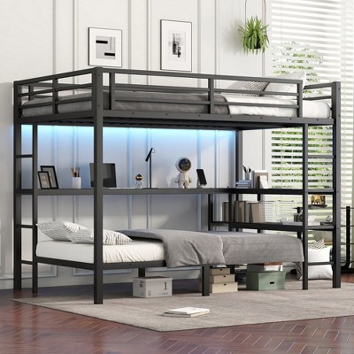 Grungis Full XL Over Twin Loft Bed with Shelves and Desk,Bunk Bed with Full-Length Guardrails and LED and USB,Loft and Bunk Bed for Bedroom