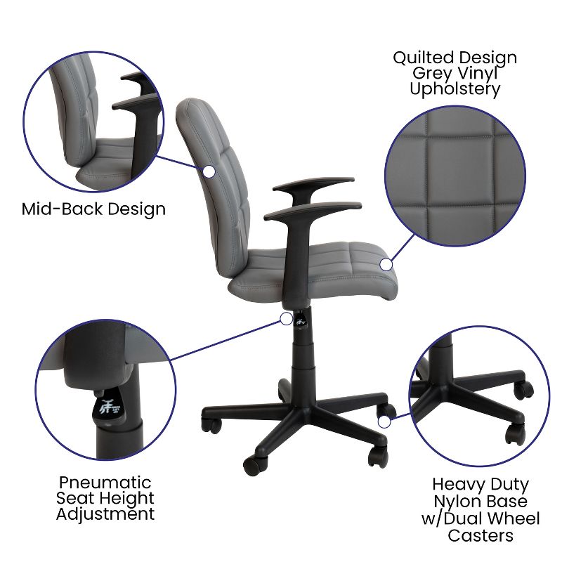 Emma and Oliver Mid-Back Quilted Vinyl Swivel Task Office Chair with Arms, 4 of 11