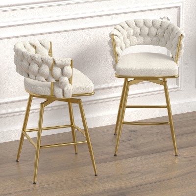 Vintage Swivel Bar Stools Set of 2, Woven Barstools for Living Room, Kitchen, Upholstered Counter Arm Chair with Back, White