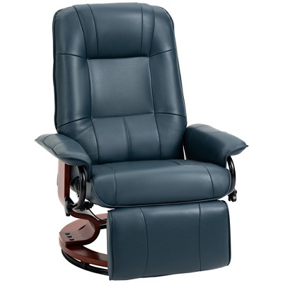 Blue Faux Leather Swivel Recliner with Wood Base
