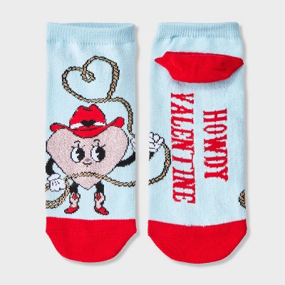 Women's 'Howdy Valentine' Vintage Cartoon Heart Valentine's Day Low Cut Socks - Light Blue/Red 4-10