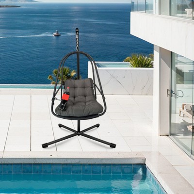 BEAFUP Swing Egg Chair with Stand, Wicker Rattan Patio Folding Basket Chair with C Type Bracket , with Cushion and Pillow