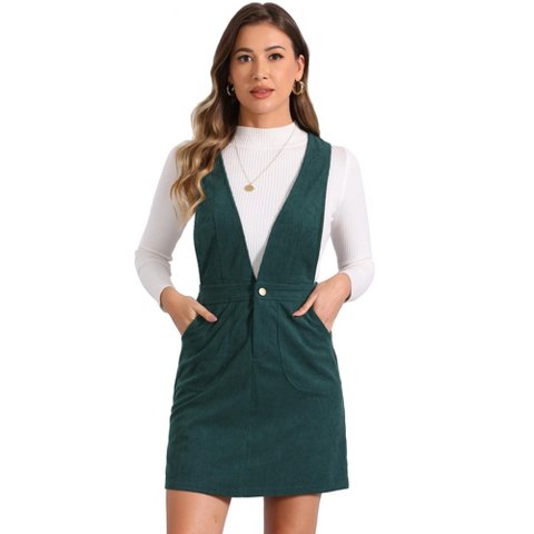 Женские платья INSPIRE CHIC Women's V-Neck Corduroy Strap Back Overall Mini Pinafore Dress Deep Green Small
