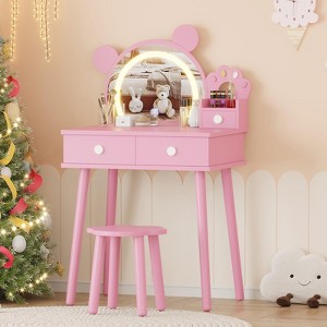Bear-Shaped Kids Vanity Set with Lights, Wooden Makeup Desk & Stool, Princess Toddler Play Vanity Table for Bedroom, Perfect for Little Girls - 1 of 4