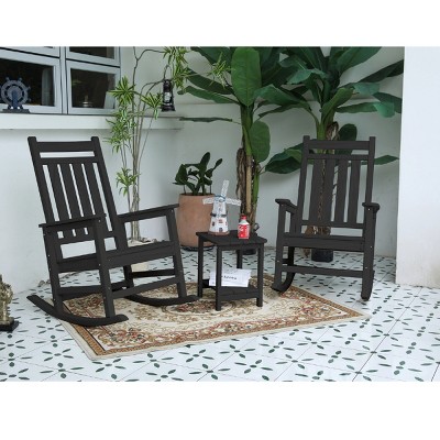 Patio Rocking Chair Sets,3-Piece Gray Rocking Chair Set With Wood-Texture,2 Rocking Chairs And 1 Side Table,All Weather Rocking Chair Set-Cuddlewood