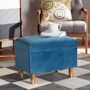 Baxton Studio Elias Velvet and Wood Storage Ottoman Blue/Oak: Padded, Rectangular Storage Seat - 1 of 4