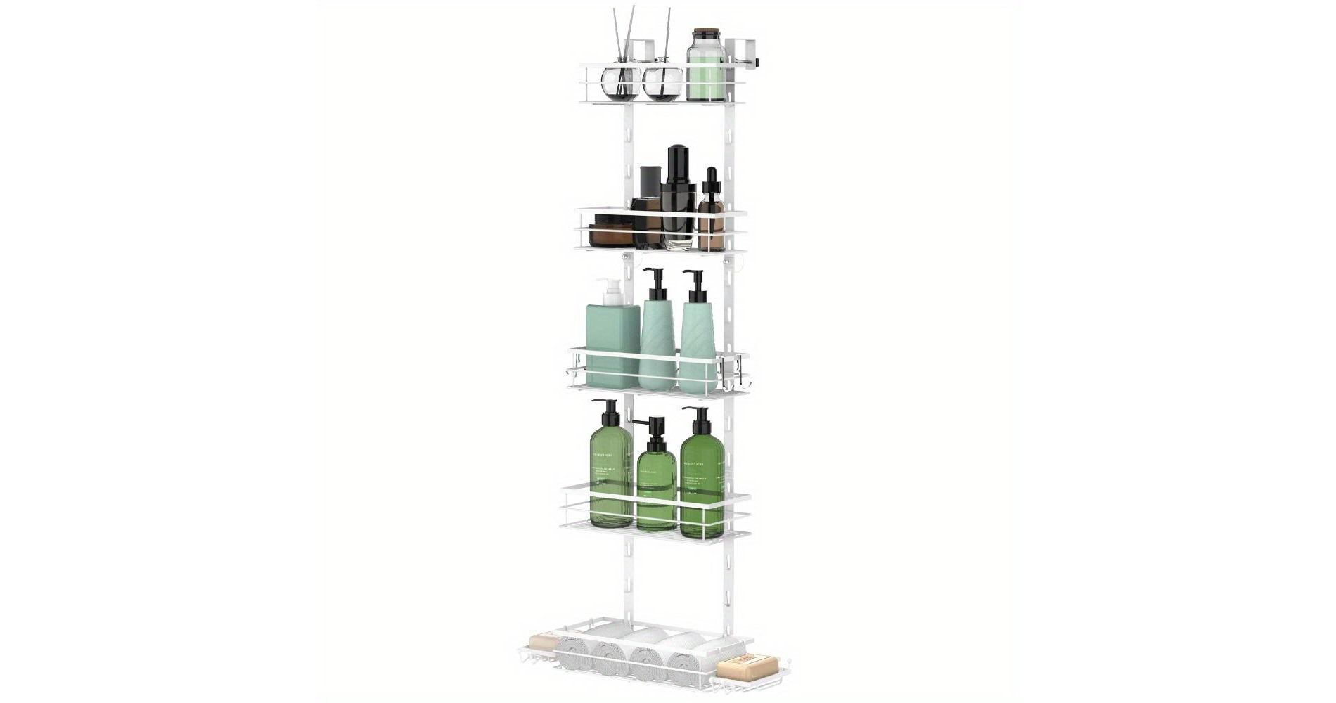 5-Tier Adjustable White Over-the-Door Shower Caddy, Rustproof Metal Bathroom Organizer with Hooks, Soap Holder & Suction Cups