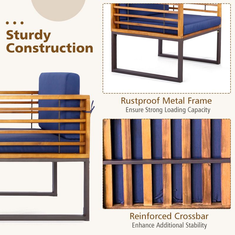 Tangkula 3PCS Acacia Wood Patio Bistro Set Outdoor Conversation Furniture Set w/ Navy Cushions, 5 of 7