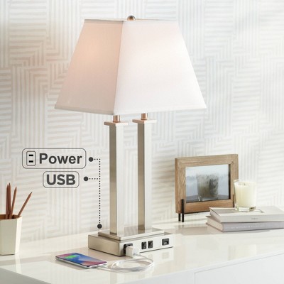 Brushed Nickel Table Lamp with USB and White Linen Shade