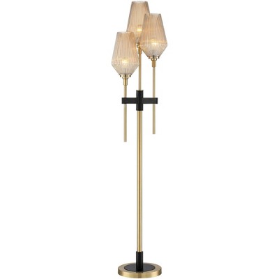 Possini Euro Design Modern Glam Style Floor Lamp Tree 3-Light Warm Antique Brass Black Ribbed Glass for Living Room House Uplight