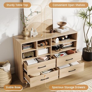 Modern Dresser & Storage Cabinet with 4 Drawers, 6 Cubbies & 6 Adjustable Shelves - Oak Finish TV Stand Chest for Bedroom - 1 of 4