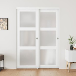 SMARTSTANDARD 78.58 in. Height Tempered 3-Lite Frosted Glass White Wardrobe Sliding Closet Door with Hardware Kit - 1 of 4