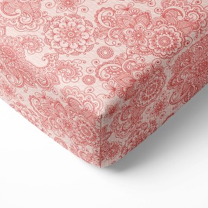 Bacati - Floral Scroll Printed Coral 100 percent Cotton Universal Baby US Standard Crib or Toddler Bed Fitted Sheet - 1 of 4