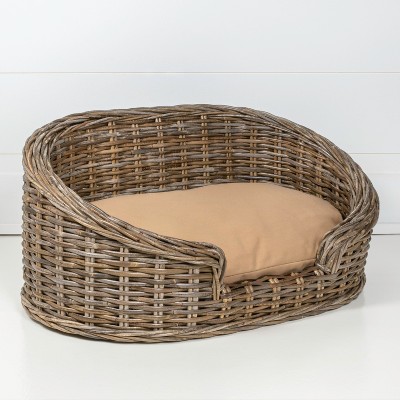 Curved Handwoven Rattan Elevated Dog Bed with Beige Cushion
