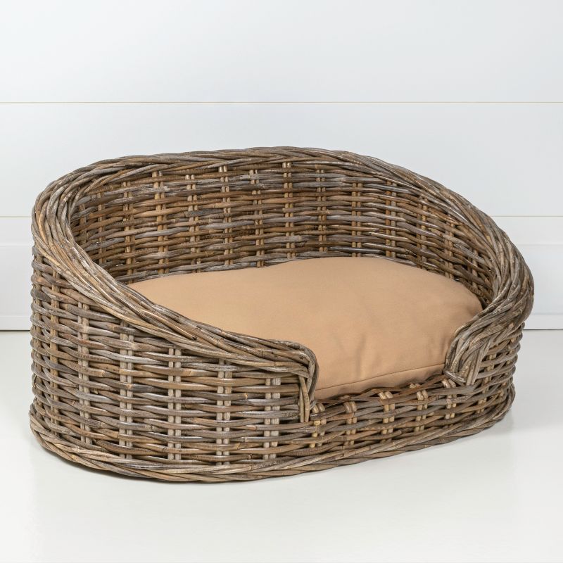 Curvy Classic Handwoven Rattan Dog Bed with Machine-Washable Cushion, 2 of 7