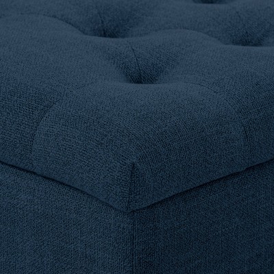 Navy Blue Tufted Fabric Storage Ottoman with Nailhead Trim