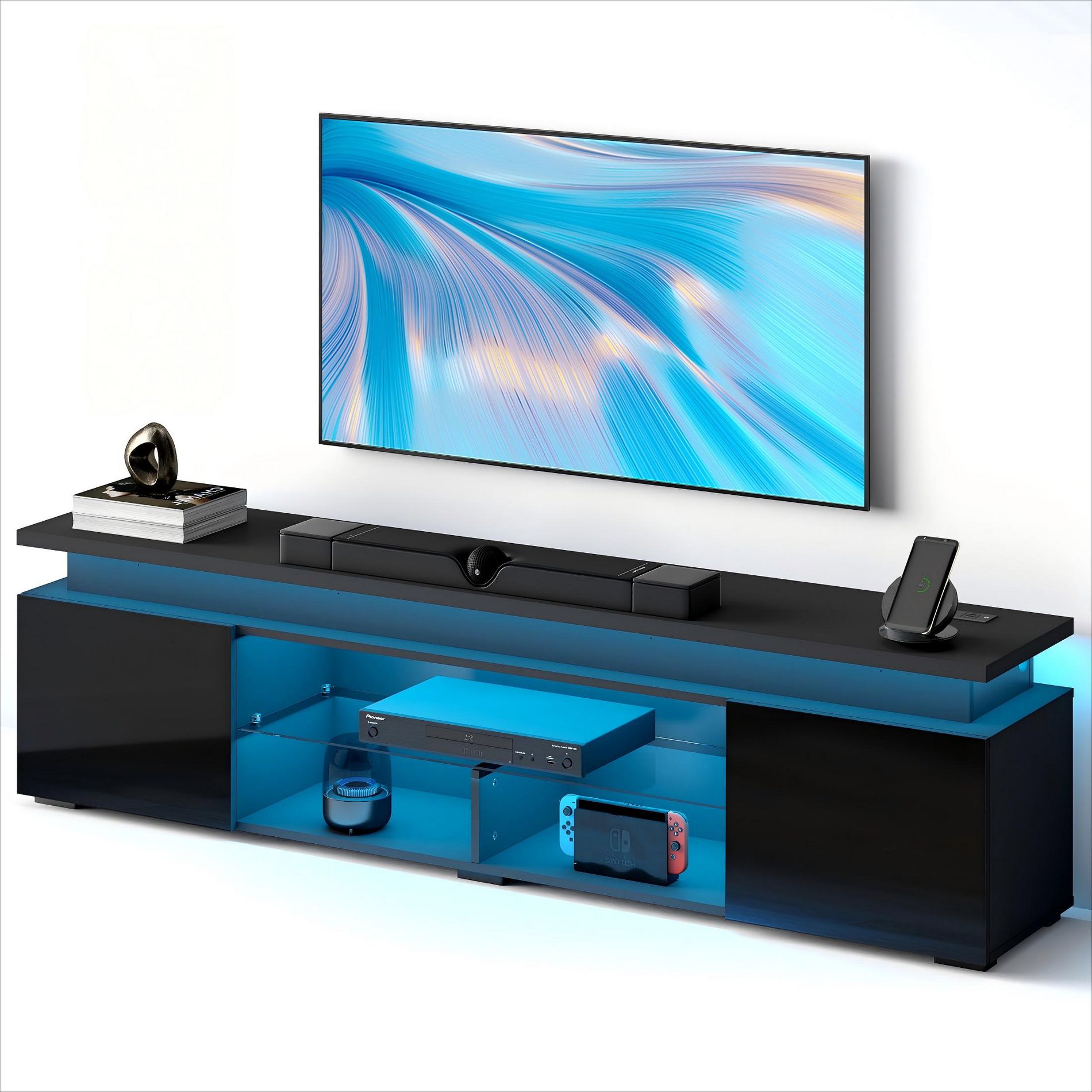 Skyzoo Modern TV Stand for for 50/55/65/75/85" inches TV with LED Lights Power Outlet Entertainment Center Media Console for Living Room