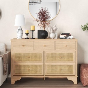 7 Drawer Dresser for Bedroom, 47.3" Wide Natural Rattan Chest of Drawers, Wood Boho Clothing Storage Organizer, Dresser TV Stand Cabinet - 1 of 4