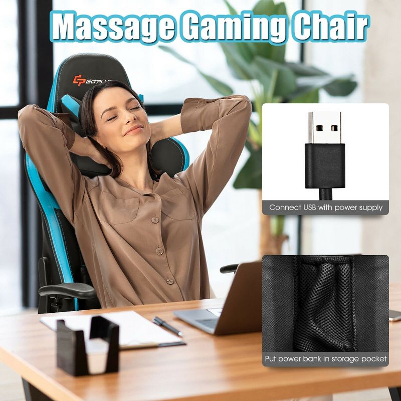 Costway Massage Gaming Chair Reclining Racing Chair High Back w/Lumbar Support Footrest, 5 of 10