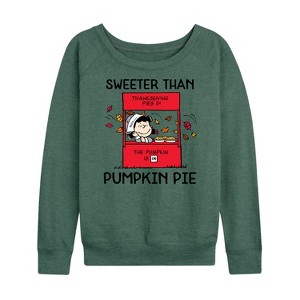 Women's - Peanuts - Lucy Thanksgiving Sweeter Than Pumpkin Pie Lightweight French Terry Wide Neck Long Sleeve Shirt - 1 of 4