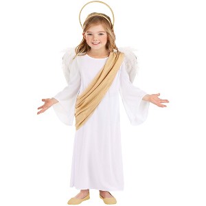 HalloweenCostumes.com Heavenly Toddler Angel Costume with Divine Design - White Robe, Gold Sash, Halo Headband, Faux Feather Wings - 1 of 4