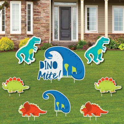 Big Dot of Happiness Roar Dinosaur - Yard Sign and Outdoor Lawn Decorations - Dino Mite T-Rex Baby Shower or Birthday Party Yard Signs - Set of 8