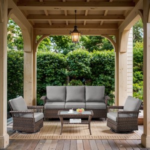 POCASSY 4 Pieces Patio Furniture Set, Patio Couch Set with Swivel Rocking Gliding Chairs and Coffee Table, All Weather Brown Wicker Patio Set - 1 of 4