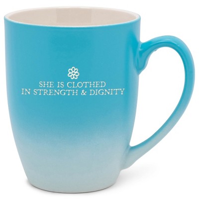 Elanze Designs She Is Clothed In Strength And Dignity Two Toned Ombre Matte Teal and White 12 ounce Ceramic Stoneware Coffee Cup Mug