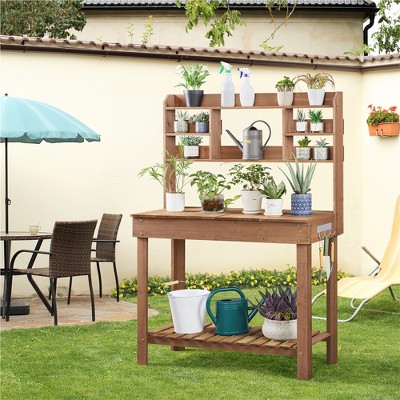 Brown Firwood Potting Bench Table with Display Rack and Storage Shelf
