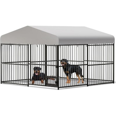 Large Outdoor Dog Kennel with Roof, Heavy Duty Outdoor Dog Crates with Stainless Steel Bowls, Dog Fence Yard for Large Dogs 118.11* 118.11* 70.87IN